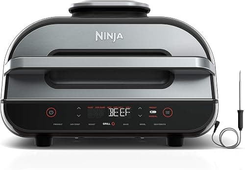 Ninja FG551 Foodi Smart Xl 6-IN-1 Indoor Grill – 9" X 12" Xl Grill Grate with 4-QT Crisper Basket & Built-in Smart Meat Thermometer