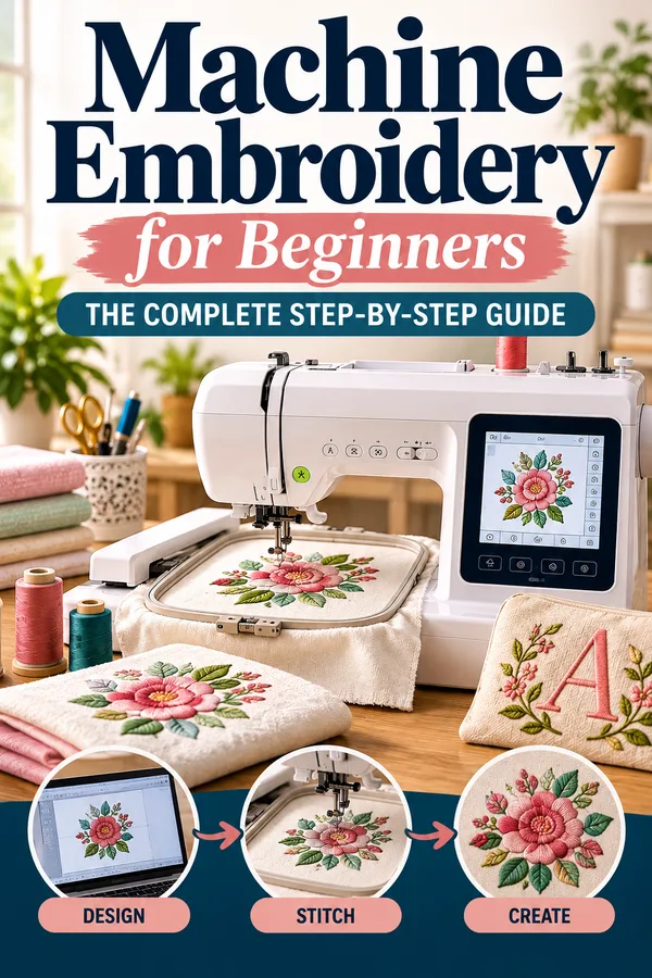 Machine Embroidery for Beginners: The Complete Step-by-Step Guide, ebook cover showing an embroidery machine stitching a pink flower